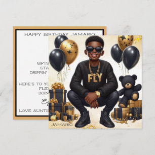 Carte Garçon Afro-Américain Élégant Anniversaire Noir/Or