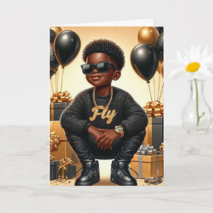 Carte Garçon afro-américain élégant Anniversaire Noir/Or