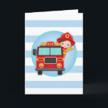 Carte Garçon aux cheveux bruns camion de pompier pompier<br><div class="desc">Ce design présente un pompier mignon aux cheveux bruns dans son camion de pompier,  faisant signe de la main ! Rouge,  bleu,  jaune et turquoise avec de larges bandes.</div>