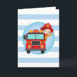 Carte Garçon aux cheveux bruns pompier camion de pompier<br><div class="desc">Ce design présente un pompier mignon aux cheveux bruns dans son camion de pompier,  faisant signe de la main ! Rouge,  bleu,  jaune et turquoise avec de larges bandes.</div>