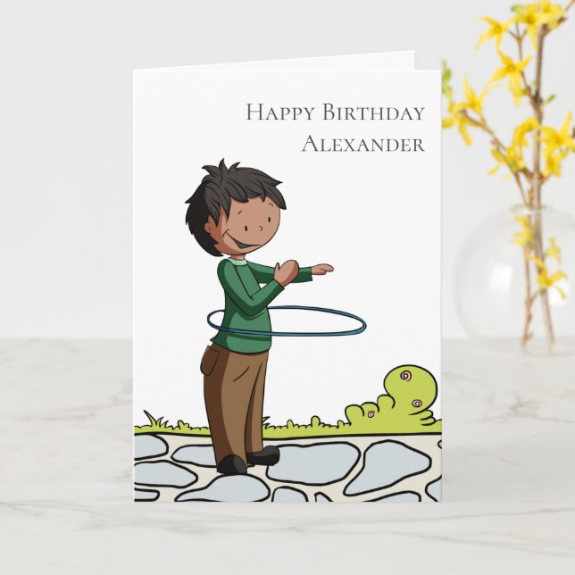 Carte Garçon avec Hula Hoop Personnalisé Joyeux annivers (Fleur jaune)