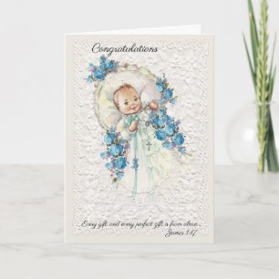 Carte Garçon bébé vintage avec Fleurs Bleues Rosaire