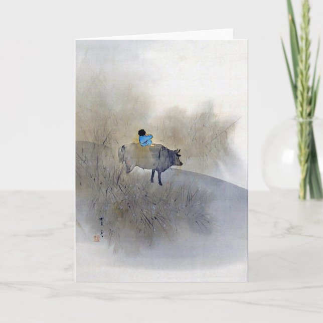 Carte Garçon chevauchant une vache et soufflant une flot (Devant)