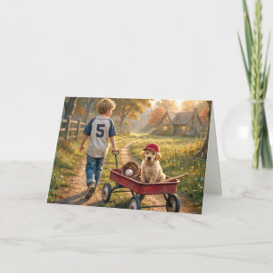 Carte Garçon d'anniversaire avec un chariot rouge et chi