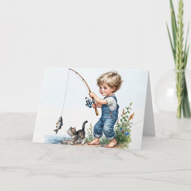Carte Garçon d'anniversaire pêchant avec un chaton (Devant)