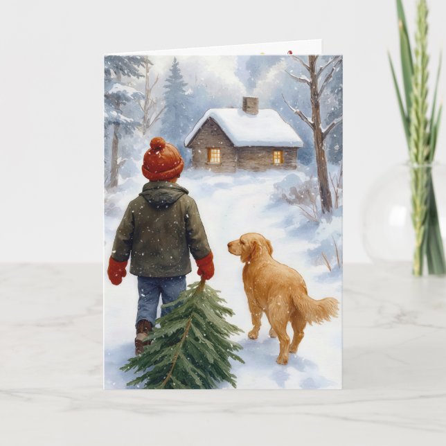 Carte Garçon de Noël avec un pin et un chien (Devant)