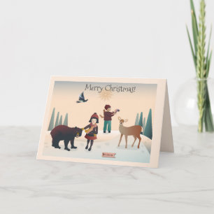 Carte 💕 Garçon et fille en forêt avec animaux Noël2