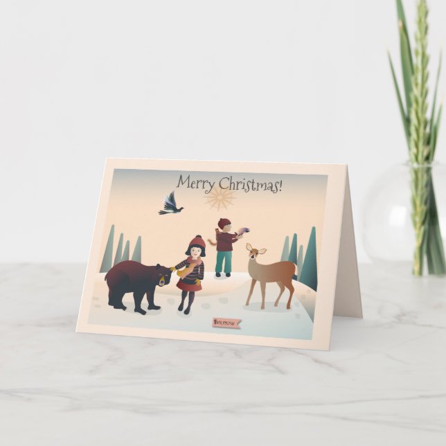 Carte 💕 Garçon et fille en forêt avec animaux Noël2 (Devant)