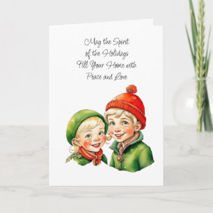 Carte Garçon et fille lutins Noël mignons