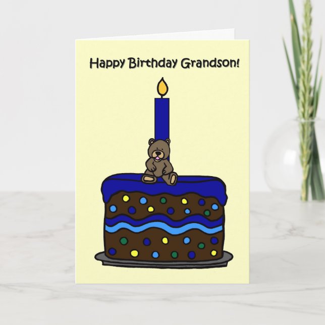 Carte garçon ours sur gâteau petit-fils anniversaire (Devant)