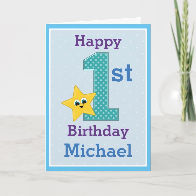 Carte Garçon pour son premier anniversaire, bleu avec un (Devant)