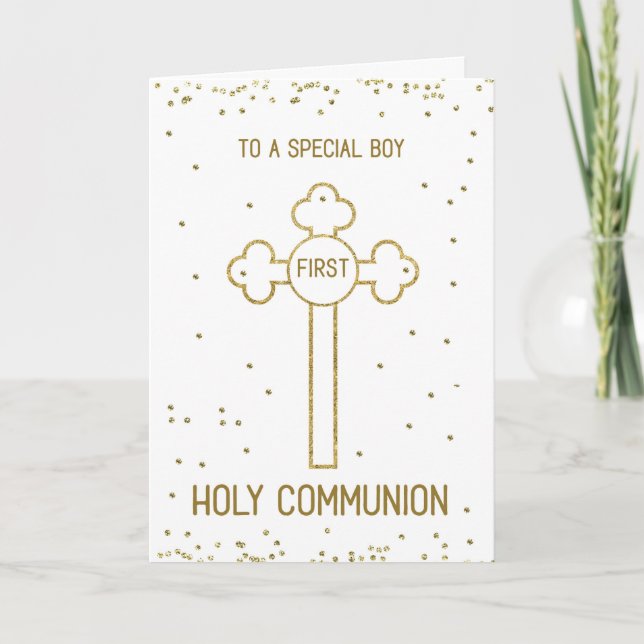 Carte Garçon Première Sainte Communion Gold Look Cross (Devant)