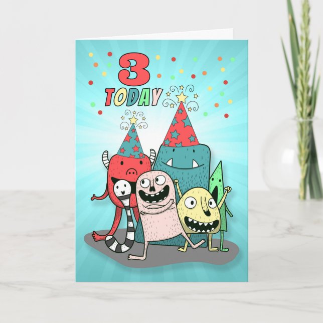 Carte Garçons 3e anniversaire Monstres de dessin animé r (Devant)