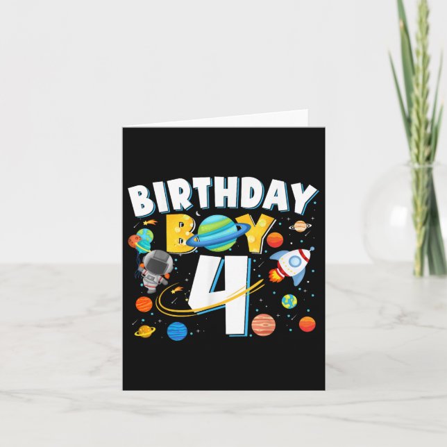 Carte Garçons 4e anniversaire astronaute planètes spatia (Devant)