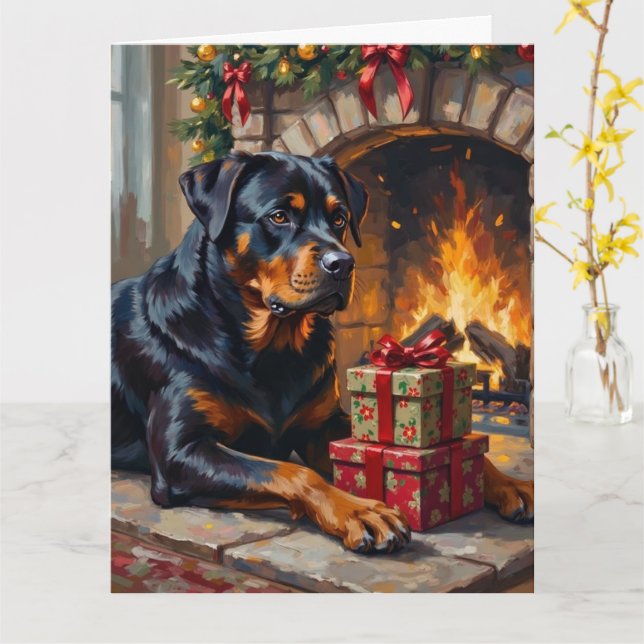 Carte Gardien de cheminée de Noël Rottweiler (Fleur jaune)