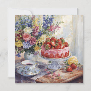 Carte Gâteau aux fraises et fleurs en aquarelle nature m