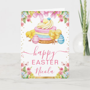 Carte Gâteau aux poussins à l'aquarelle Printemps Joyeus
