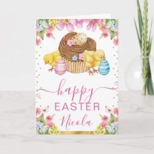 Carte Gâteau aux poussins à l'aquarelle Printemps Joyeus