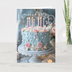 Carte Gâteau bleu roses roses et bougies Joyeux Annivers