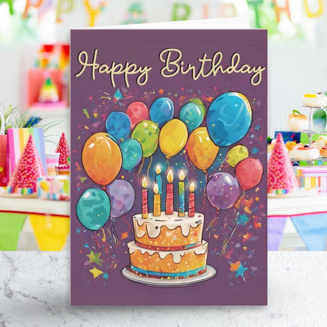 Carte Gâteau Coloré Fête Ballons Anniversaire (A bright, colorful birthday card with picture of a cake with candles and balloons)