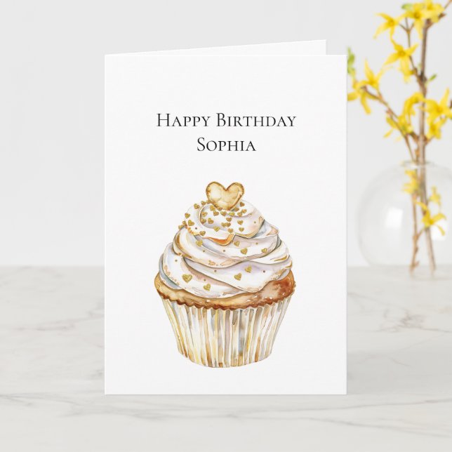 Carte Gâteau Cupcake Anniversaire Cœurs Dorés (Fleur jaune)