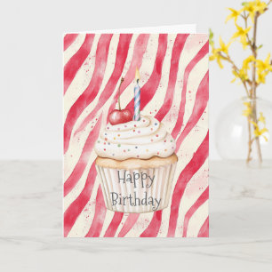 Carte Gâteau Cupcake Confettis Rayures Rouges Anniversai