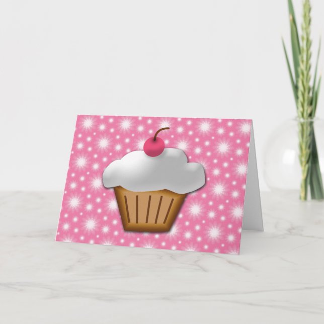 Carte Gâteau cupcake découpé avec cerise rose sur le des (Devant)