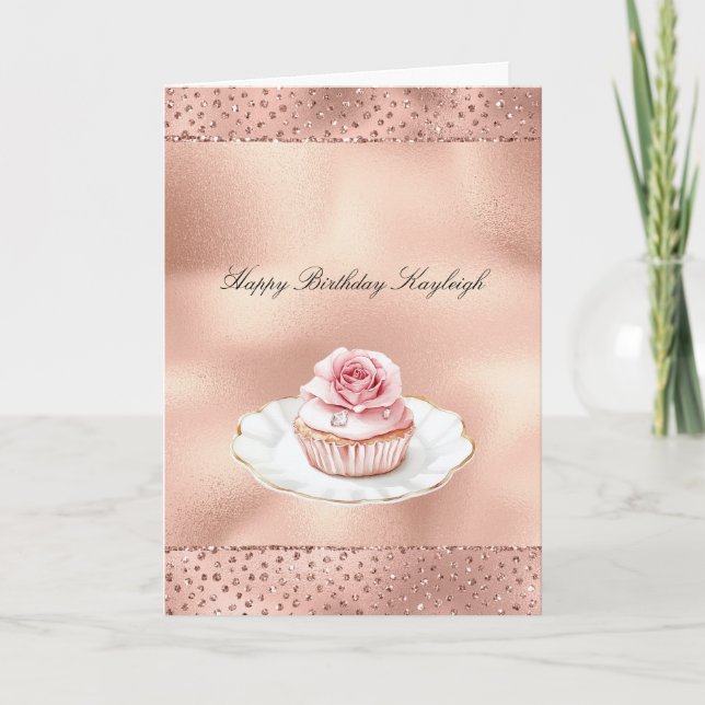 Carte Gâteau Cupcake Rose Foncé Anniversaire Glam Or Pai (Devant)