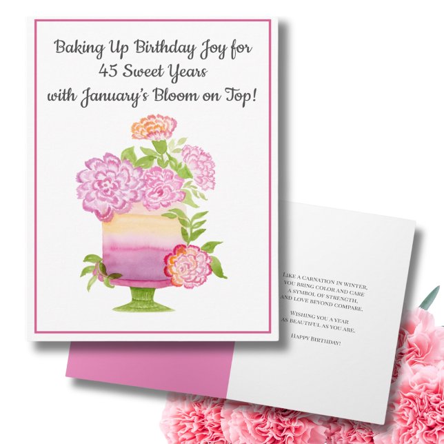 Carte Gâteau d'anniversaire 45 ans de janvier Carnations (Créateur téléchargé)