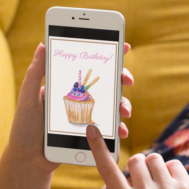 Carte Gâteau d'anniversaire à la myrtille à l'aquarelle  (Instantly sweeten their day with this lovely cupcake card.)