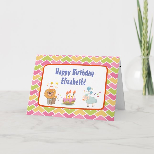 Carte Gâteau d'anniversaire avec le lion de fête et le m (Devant)