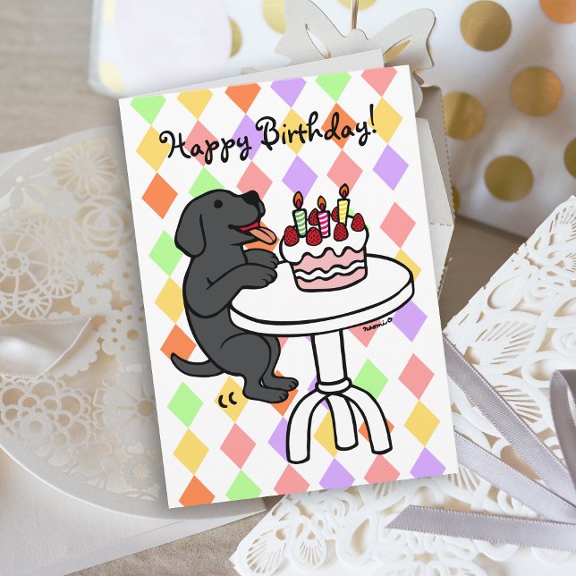 Carte Gâteau d'anniversaire Black Labrador Carton (Birthday Cake Black Labrador Cartoon Birthday Card with colorful background for dog lovers.)