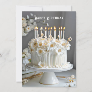 Carte Gâteau d'anniversaire blanc et or Fleurs Bougies