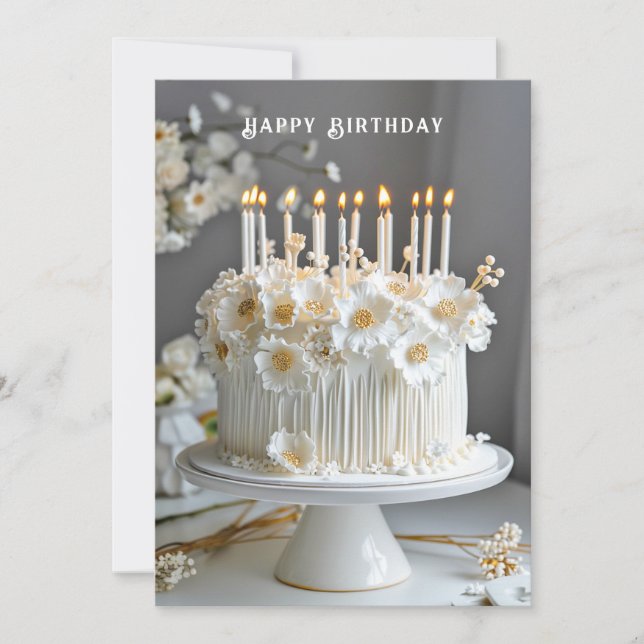 Carte Gâteau d'anniversaire blanc et or Fleurs Bougies (Devant)