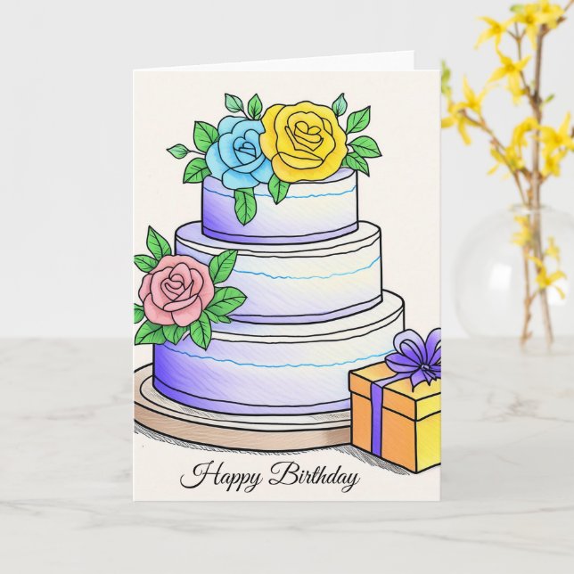 Carte Gâteau d'anniversaire blanc Joyeux anniversaire (Fleur jaune)
