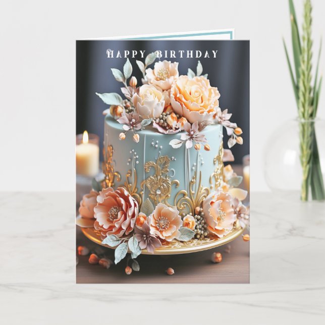 Carte Gâteau d'anniversaire bleu clair pêche filigrane o (Devant)