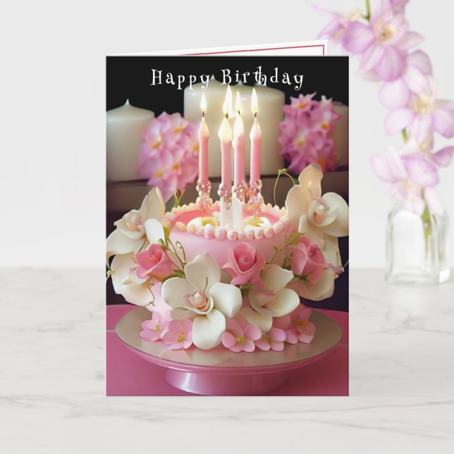 Carte Gâteau d'anniversaire Bougies roses Fleurs adorabl (Orchidée)