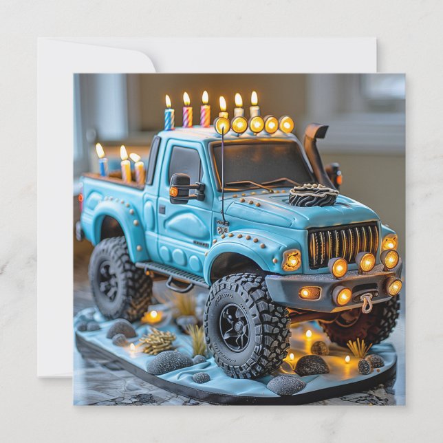 Carte Gâteau d'anniversaire Camion Bleu Bougies Phares  (Devant)