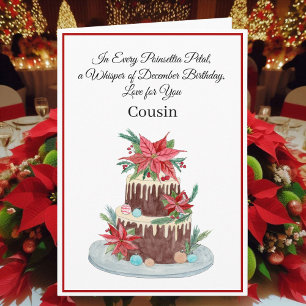 Carte Gâteau d'anniversaire Cousin Décembre Poinsettias