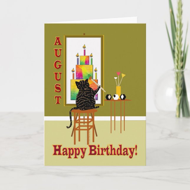 Carte Gâteau d'anniversaire de peinture de chat AOÛT (Devant)