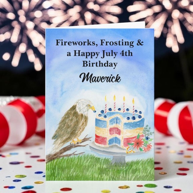 Carte Gâteau d'anniversaire du 4 juillet avec un pygargu (Créateur téléchargé)