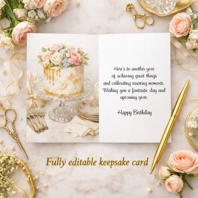 Carte Gâteau d'anniversaire élégant aquarelle  (Elegant birthday card mockup with blush florals, gold accents, and bold keepsake text for editorial )