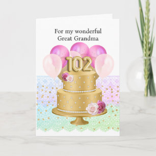 Carte Gâteau d'anniversaire élégant rose et or 102 ans