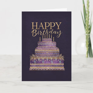 Carte Gâteau d'anniversaire élégant violet et or