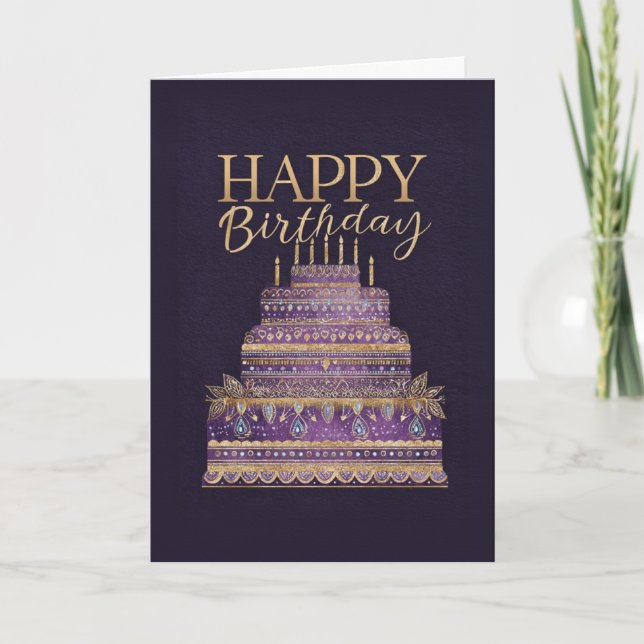 Carte Gâteau d'anniversaire élégant violet et or (Devant)