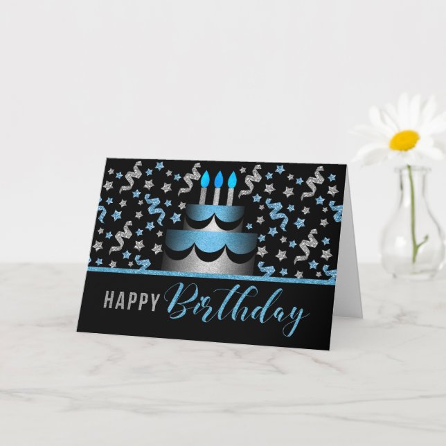 Carte Gâteau d'anniversaire en bleu et argent (Petite plante)