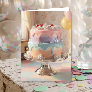 Carte Gâteau d'anniversaire en verre pastel avec des cer