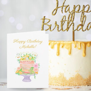 Carte Gâteau d'anniversaire floral au citron aquarelle