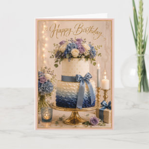 Carte Gâteau d'anniversaire floral ombré bleu élégant