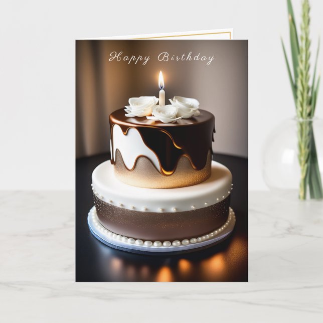Carte Gâteau d'anniversaire Gold Brown perles blanches (Devant)
